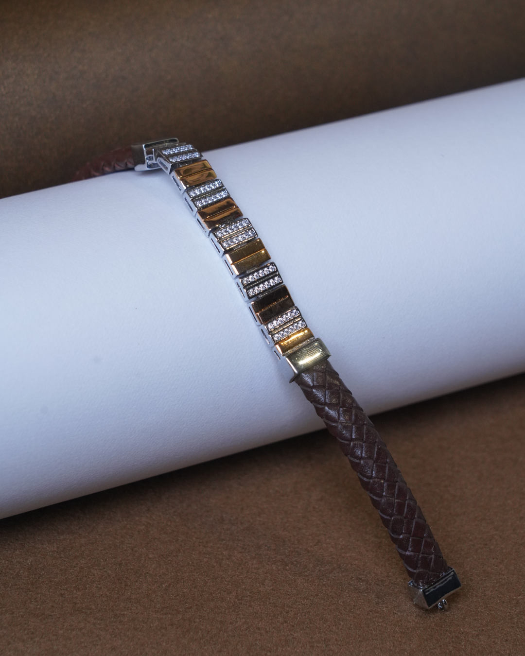 Two-Tone Diamond Accent Braided Leather Bracelet (8 Inch)