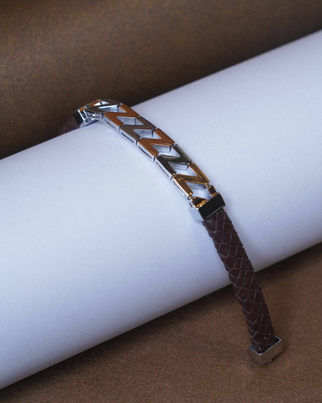 Two-Tone Chevron Link Braided Leather Bracelet (8 Inch)
