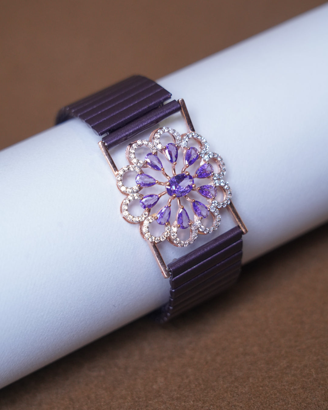 Rose Gold Floral Crystal Bracelet with Purple Stones – Free Size