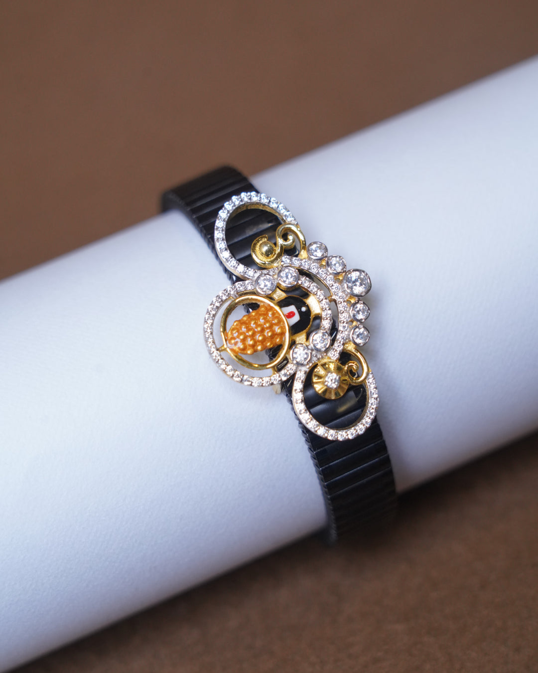 Luxury Black Bracelet with Gold-Tone Design & Crystal Embellishments – Free Size