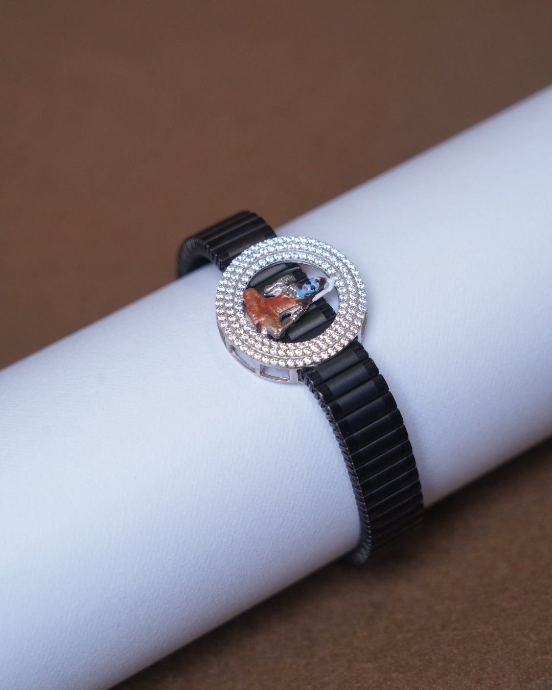Designer Black Strap Bracelet Watch with Crystal Ring & Artistic Dial