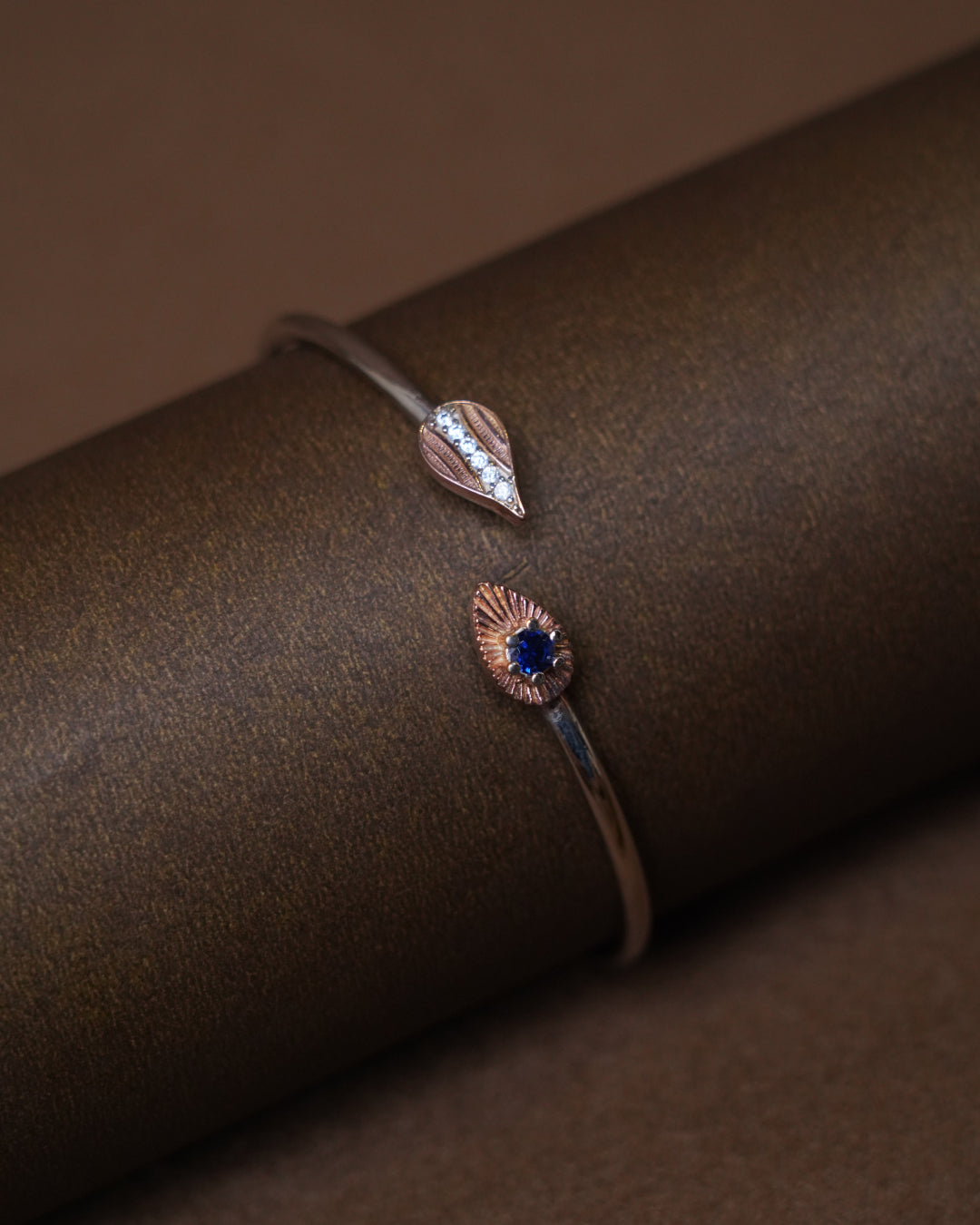 Rose Gold Open Cuff Bracelet with Blue Stone & Diamond Accent