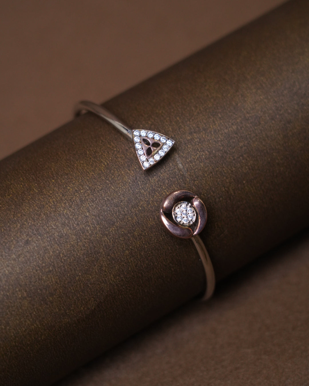 Rose Gold Open Cuff Bracelet with Geometric Triangle & Diamond Swirl