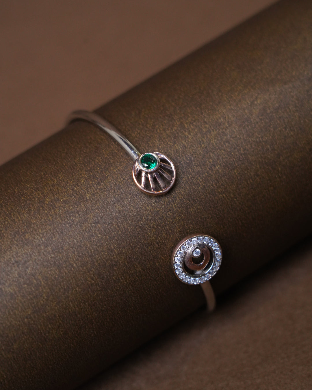 Rose Gold Open Cuff Bracelet with Green Stone & Halo Diamond Accent