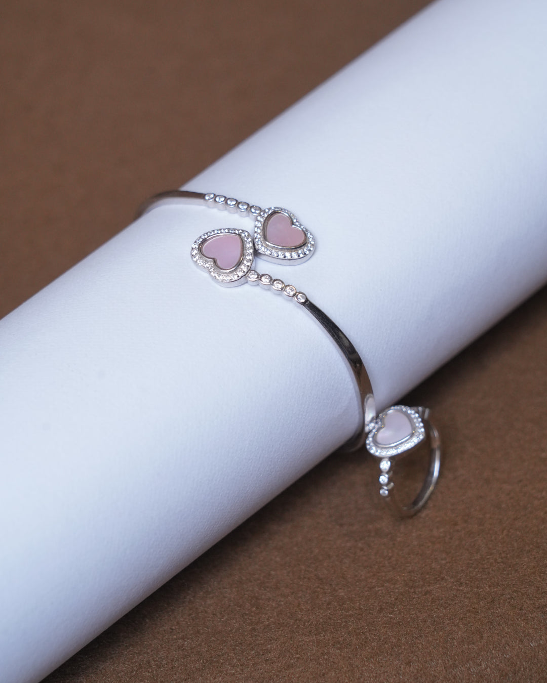 Open Cuff Heart Bracelet with Pink Stone & Diamond Halo Accents