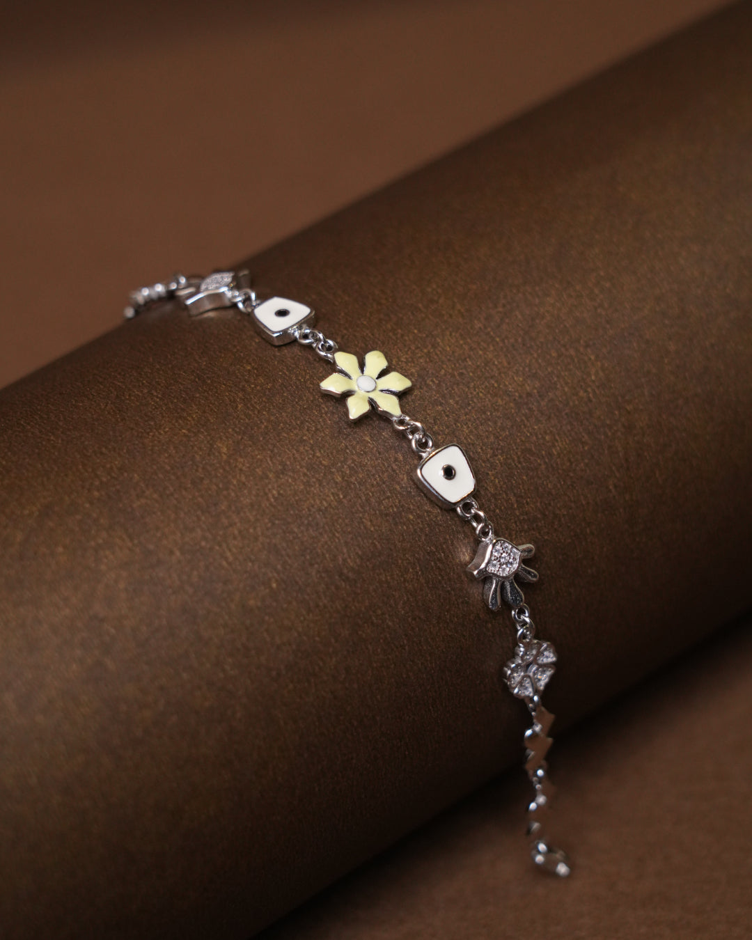 Floral Evil Eye Charm Bracelet with Crystal Accents (7 Inch)
