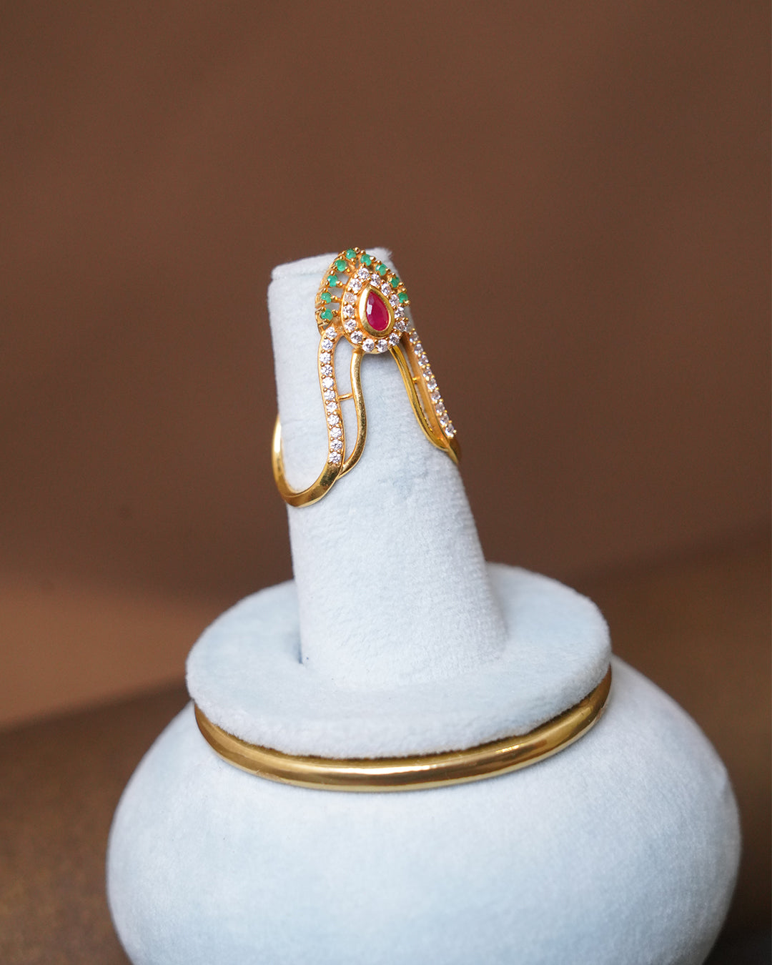 Elegant Gold Ring with Ruby & Emerald Accents