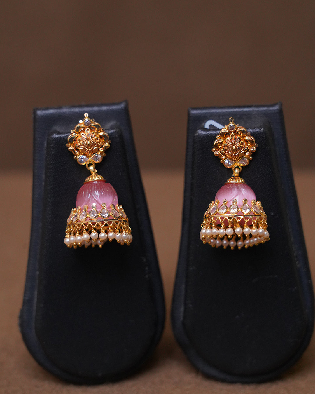 Traditional Jhumka Gold Earrings with Pearl Drop | Available in 7 Colors