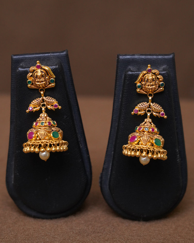 Antique Gold Temple Jhumka Earrings with Ruby & Emerald Stones