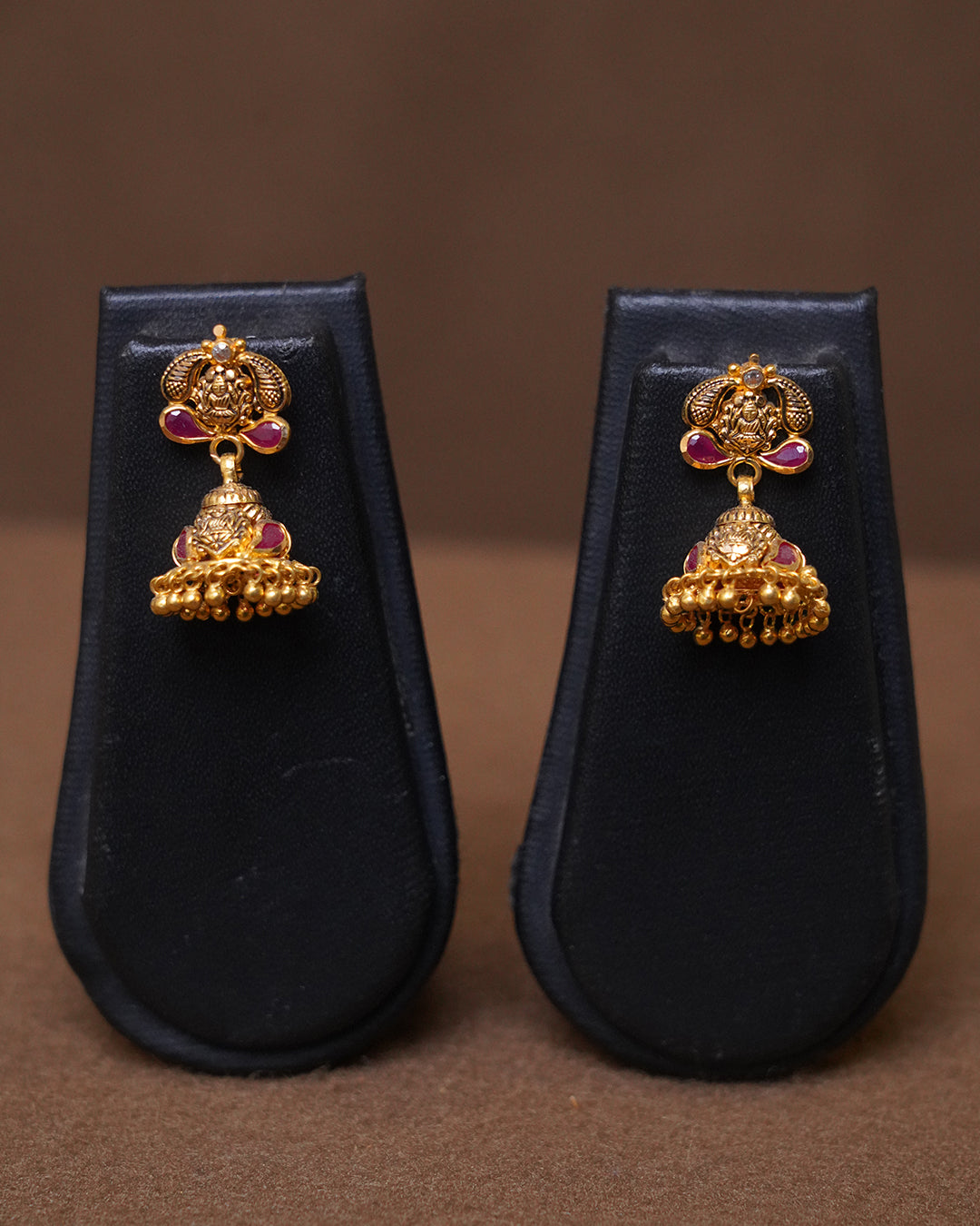 Traditional Gold Temple Jhumka Earrings with Ruby Accents