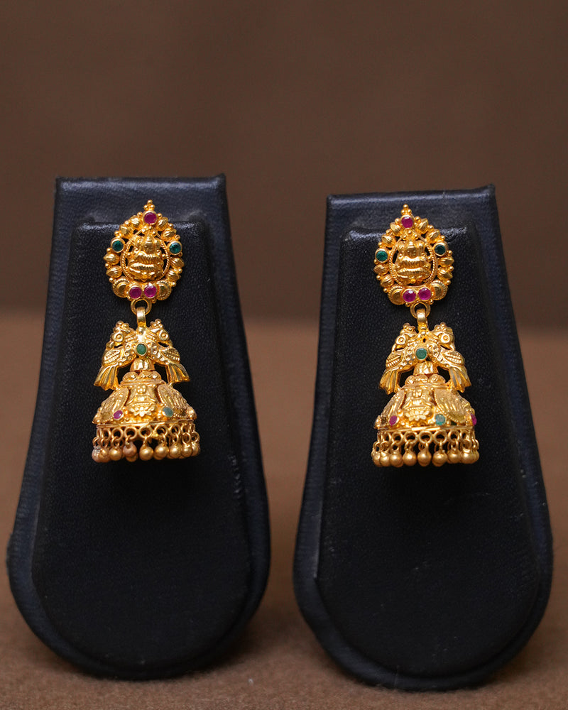 Antique Gold Lakshmi Jhumka Earrings with Ruby & Emerald Stones