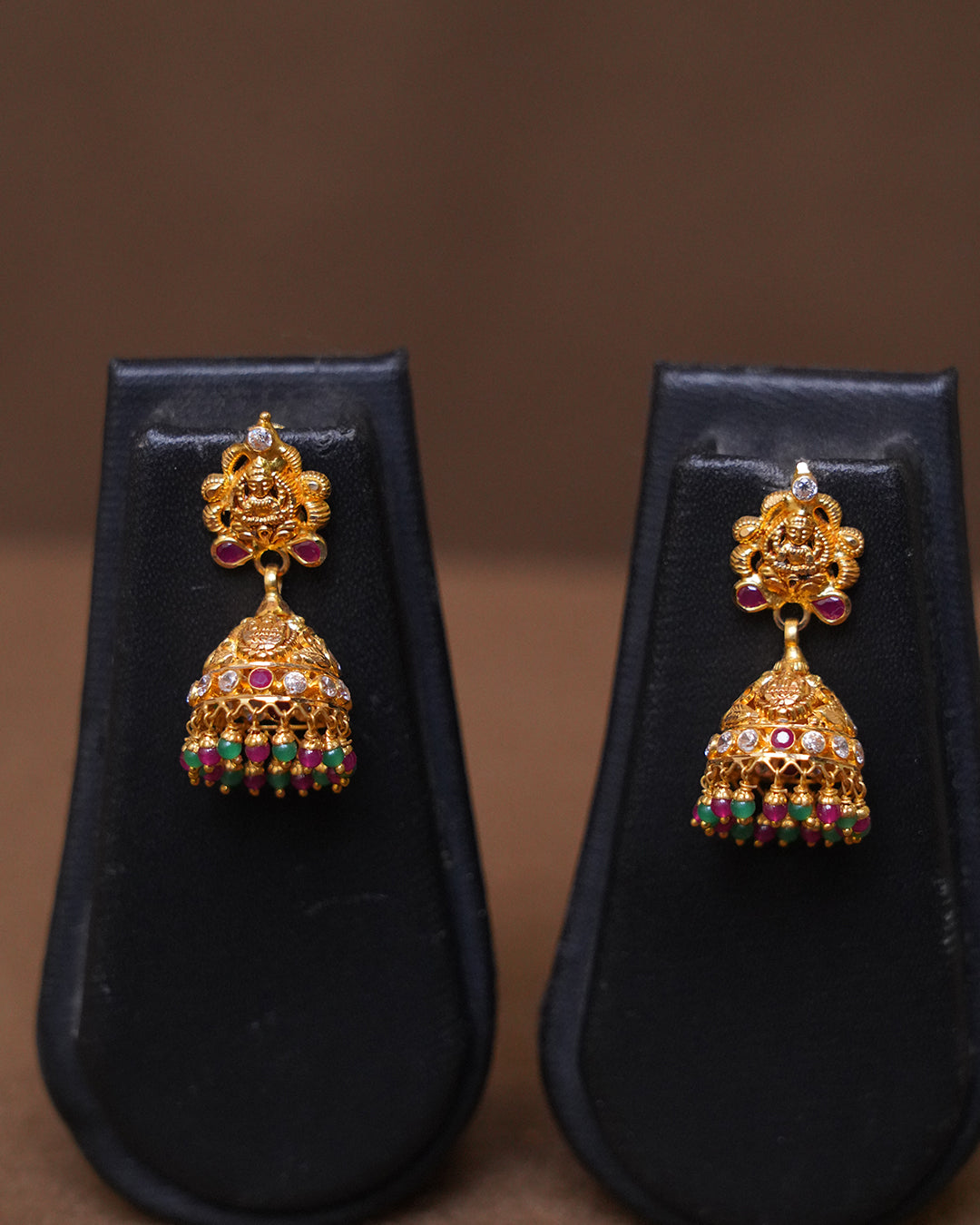 Gold Temple Jhumka Earrings with Ruby & Emerald Beads