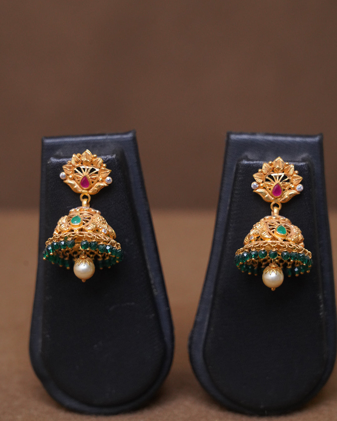 Gold Floral Jhumka Earrings with Emerald Beads & Pearl Drop