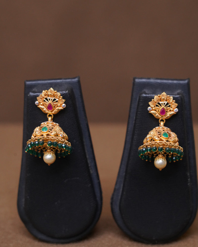 Gold Floral Jhumka Earrings with Emerald Beads & Pearl Drop