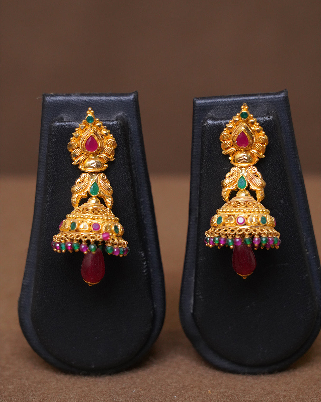 Gold Peacock Temple Jhumka Earrings with Ruby Drop & Multicolor Beads