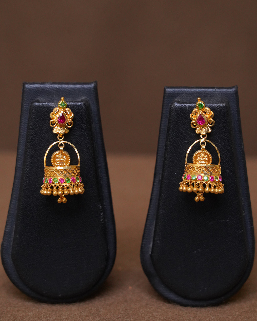 Traditional Gold Jhumka Earrings with Multi-Color Stones & Temple Coin Design