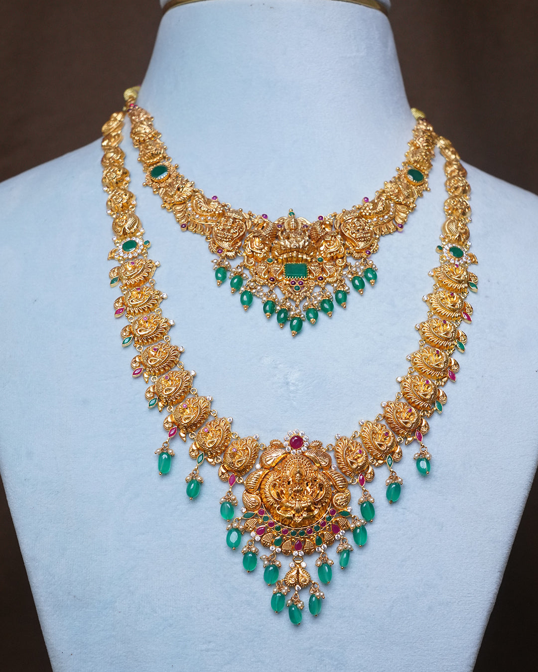 Temple Gold Short Necklace with Green Stone Embellishments