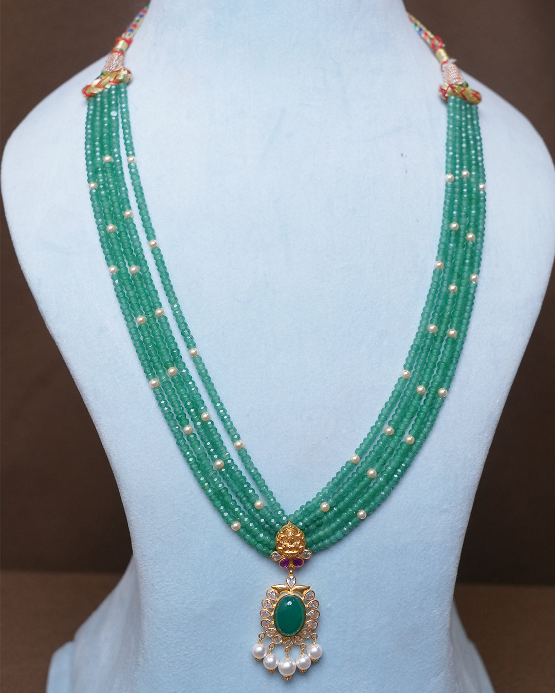 Multi-Strand Green Beaded Necklace with Temple Pendant & Pearl Drops
