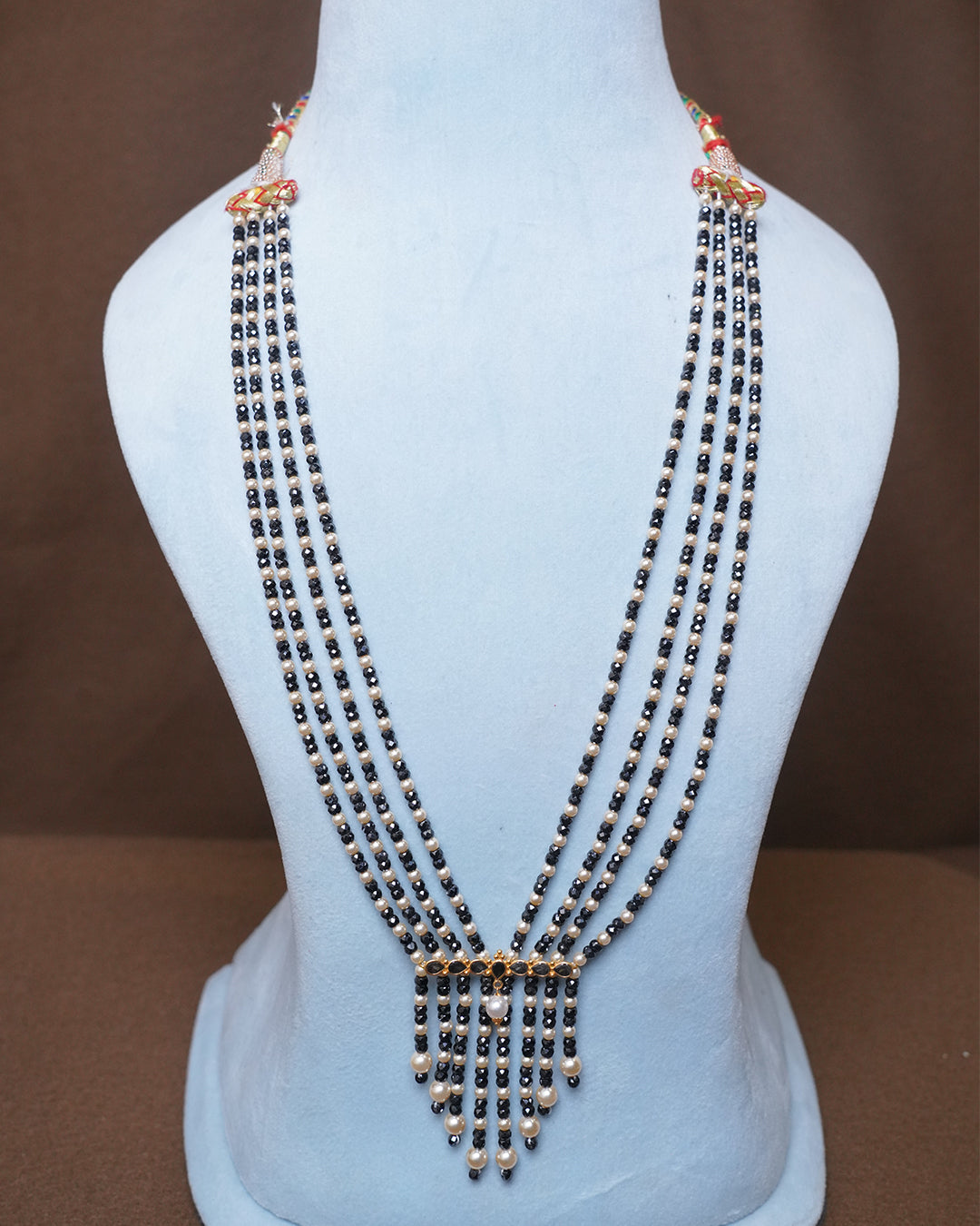Multi-Strand Black Beaded Necklace with Pearl Tassel Pendant