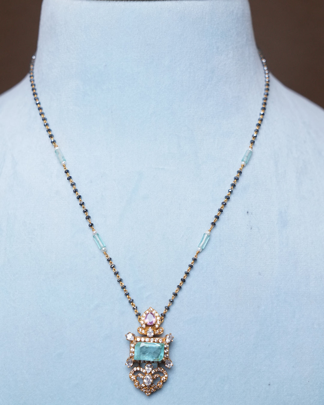 Aqua Stone & Diamond Designer Mangalsutra Necklace in Gold