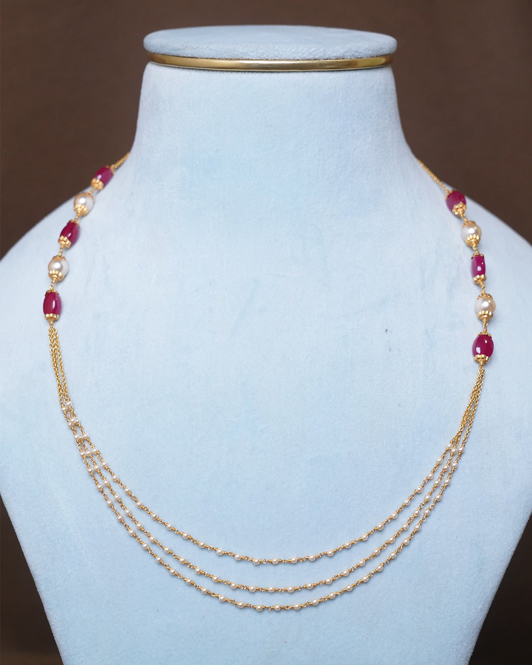 Delicate Gold Layered Pearl & Ruby Bead Necklace