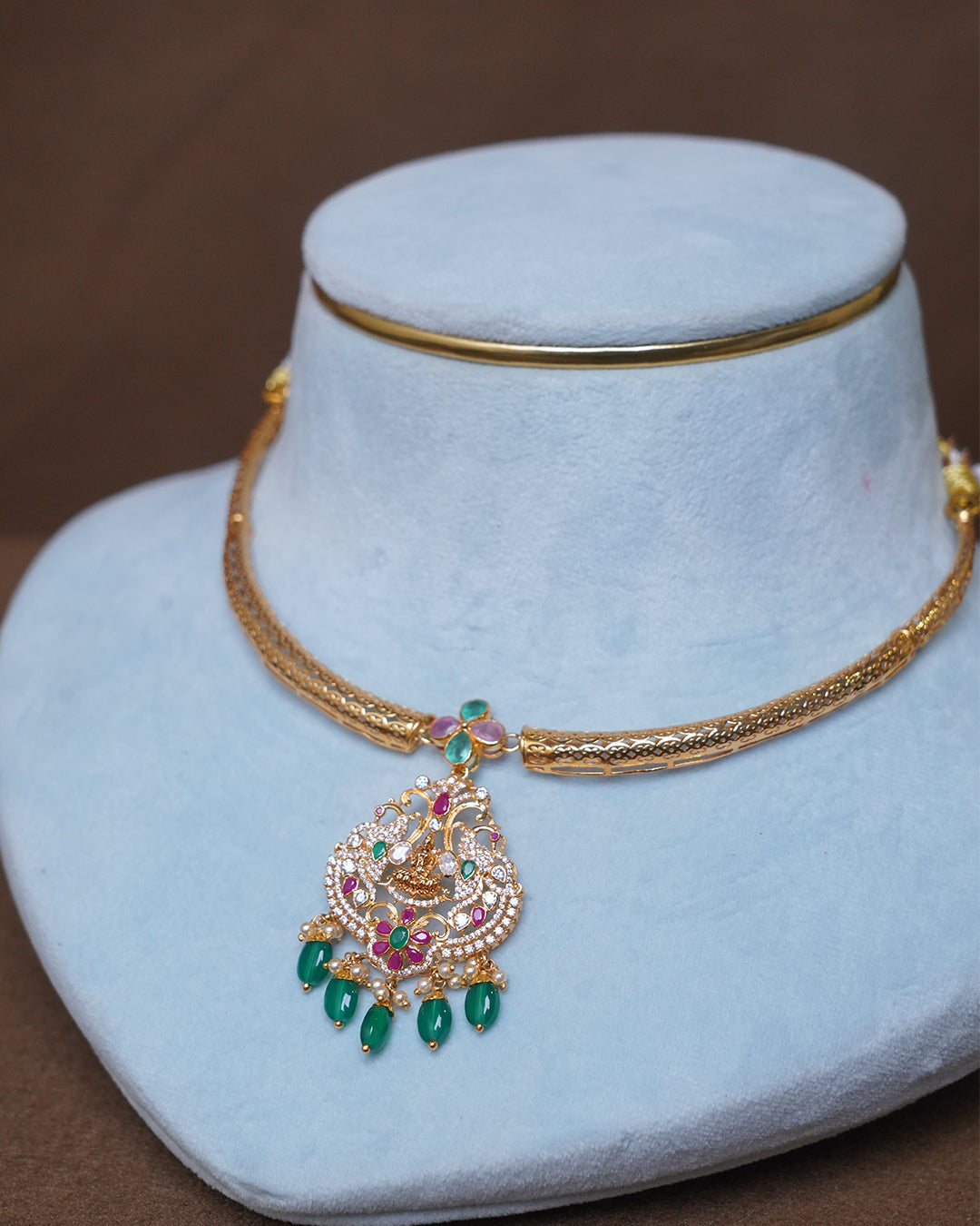 Elegant Gold Choker Necklace with Multicolor Stones & Green Drops