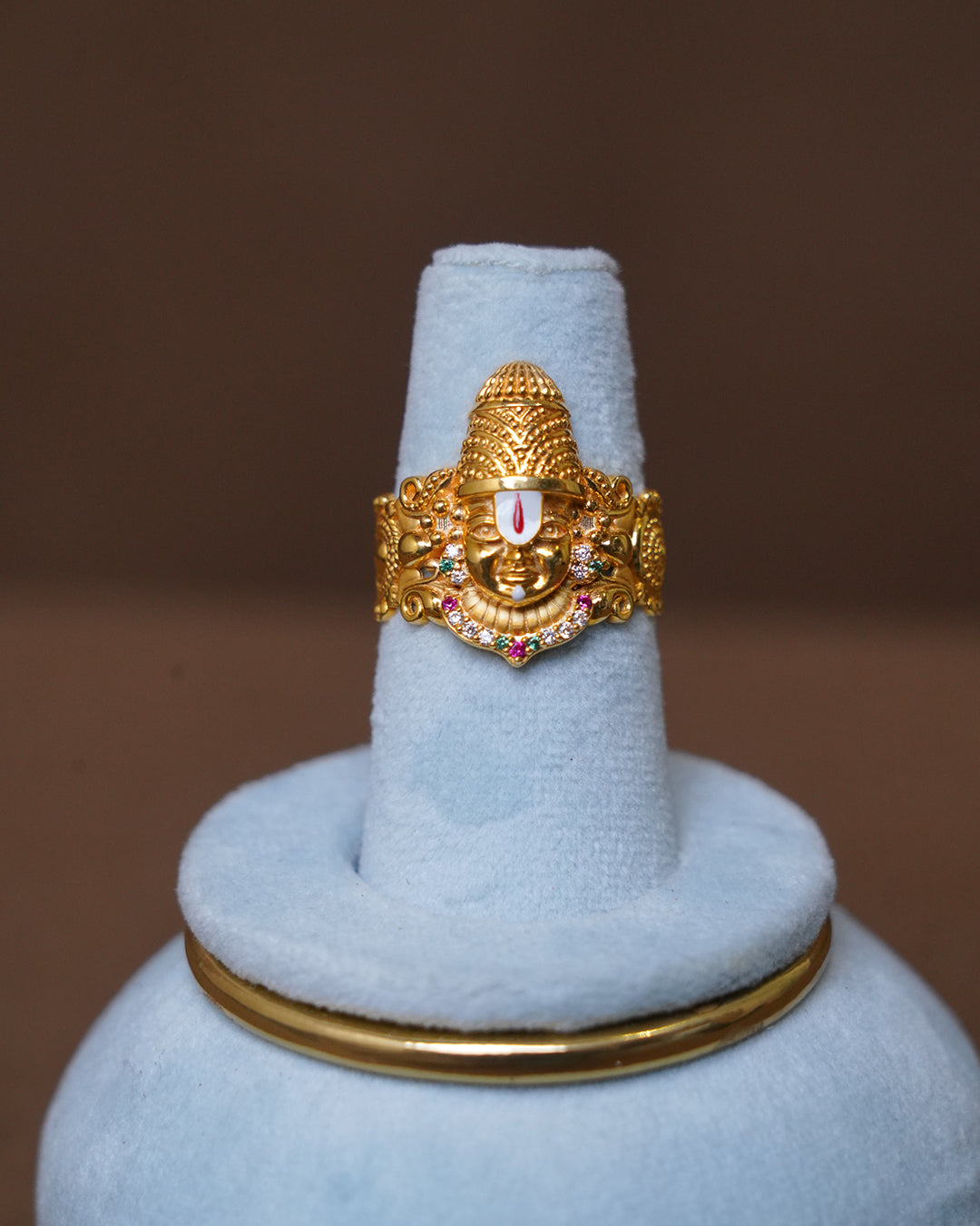 Gold Temple Design Ring with Deity Motif & Stone Accents