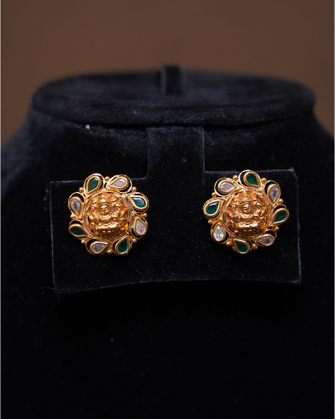 Gold Lakshmi Stud Earrings with Green & White Stones