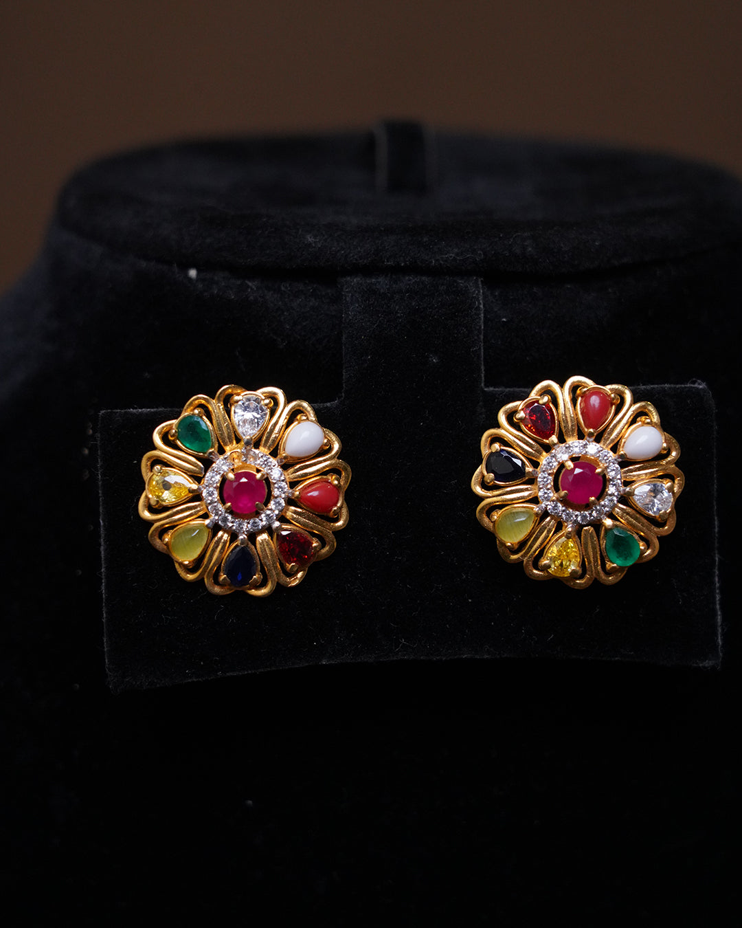 Gold Navratna Floral Stud Earrings with CZ Halo