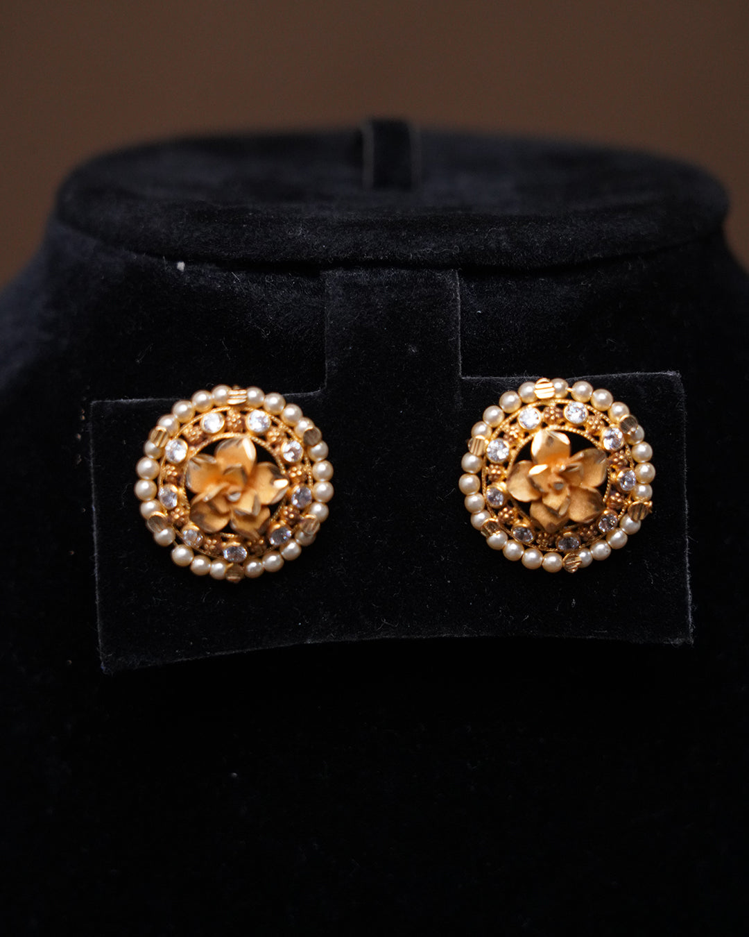 Gold Floral Pearl & CZ Stud Earrings