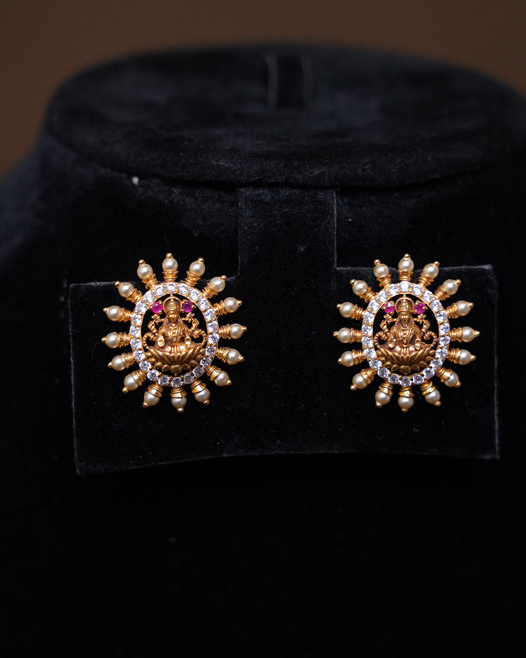 Lakshmi Gold Stud Earrings with Pearls & CZ Stones