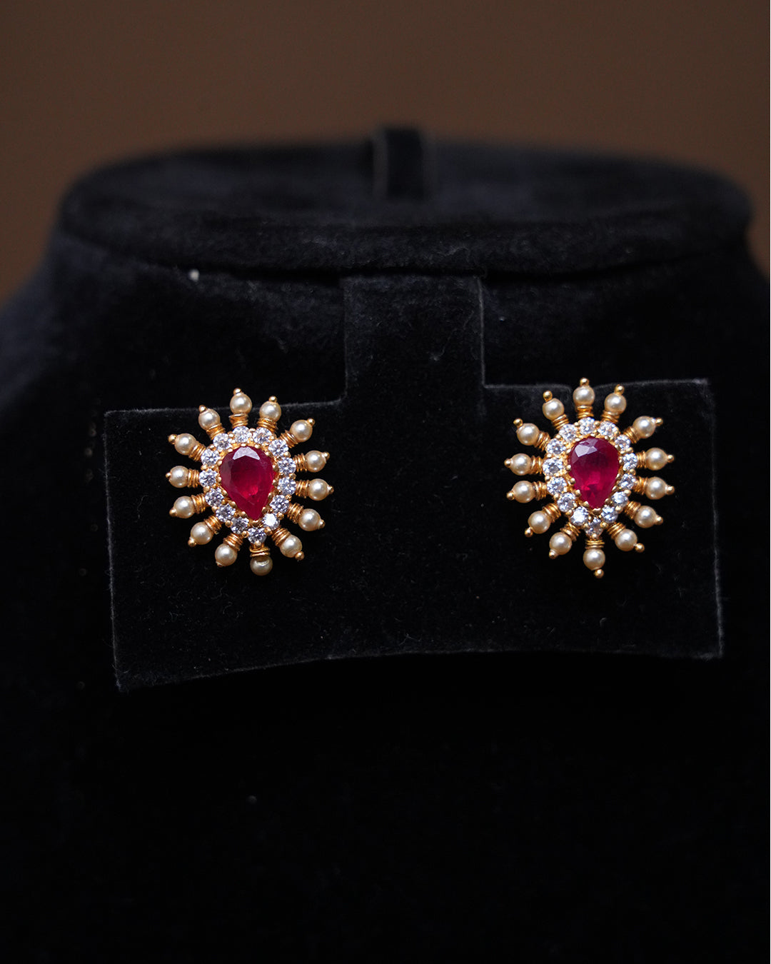 Pear-Shaped Ruby Stone Gold Stud Earrings with Pearls & CZ Halo