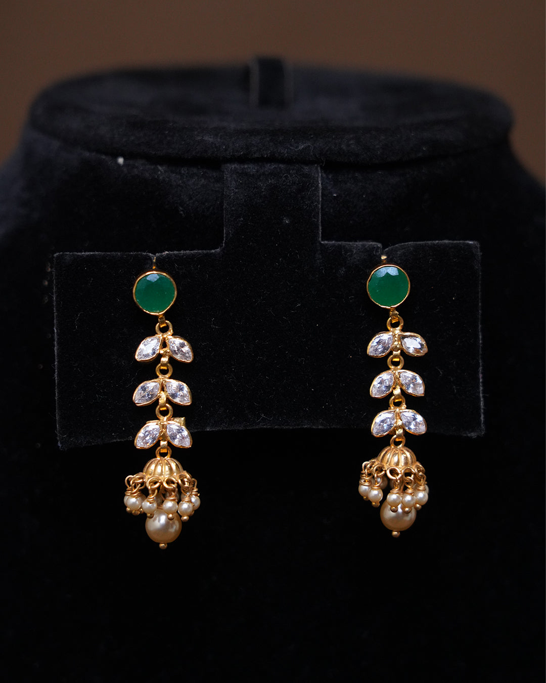 Green Stone Gold Jhumka Drop Earrings with CZ Leaves & Pearl Dangling