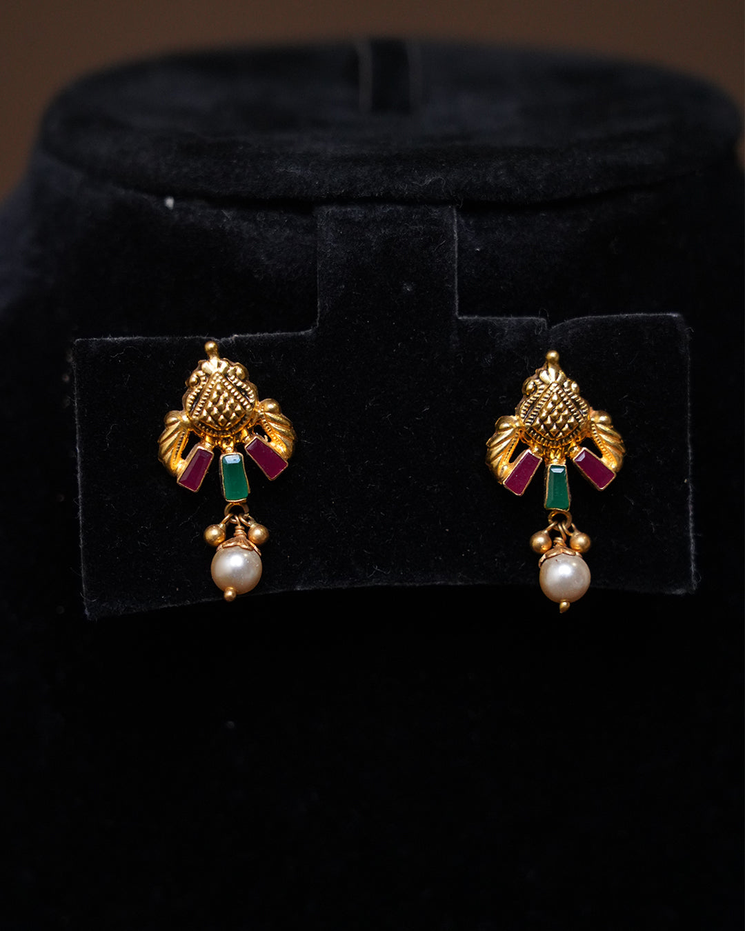 Elegant Gold Plated Stud Earrings with Pearl Drop & Colored Stones