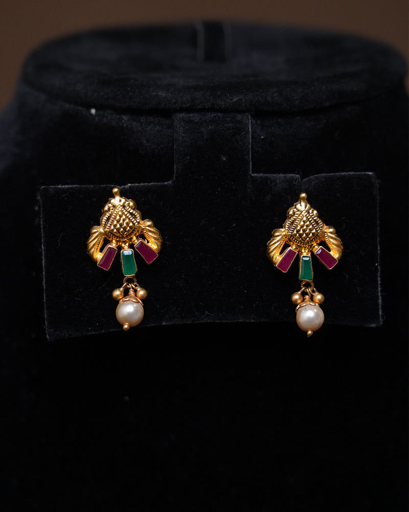 Elegant Gold Plated Stud Earrings with Pearl Drop & Colored Stones