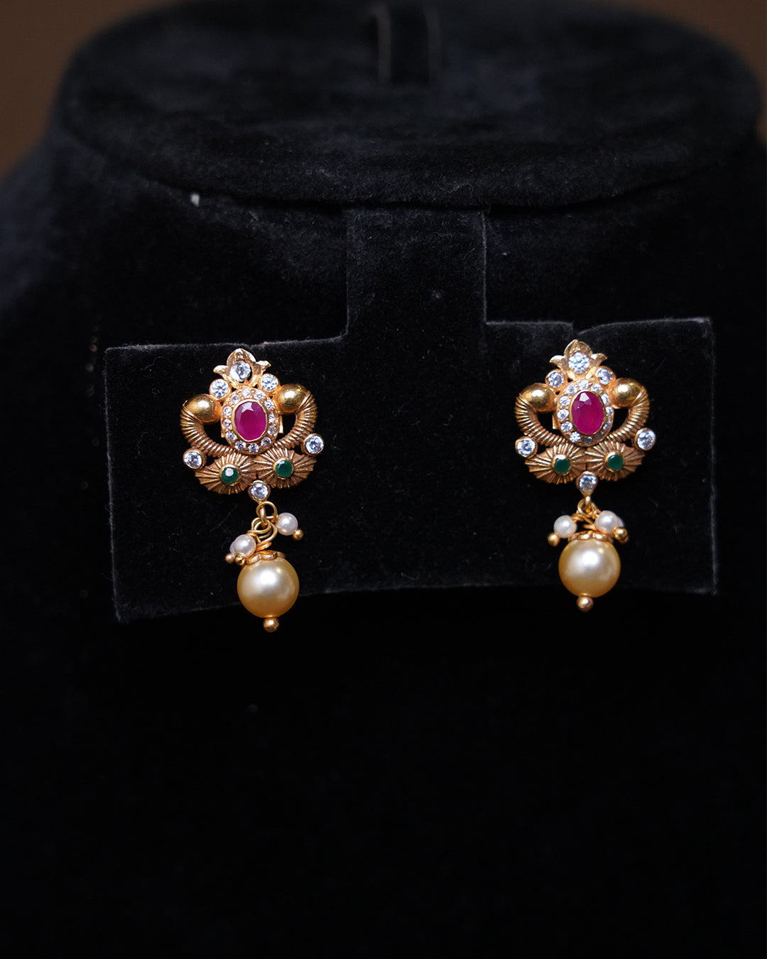 Traditional Gold Plated Stud Earrings with Ruby Stone & Pearl Drop
