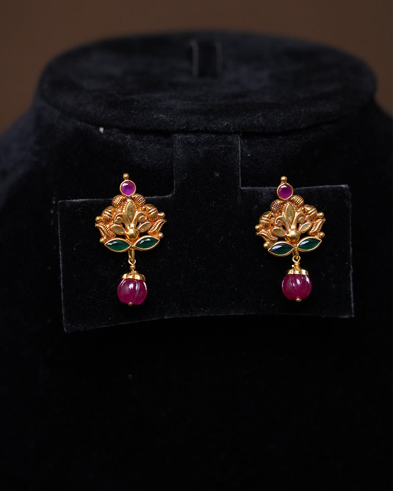 Antique Gold Plated Floral Stud Earrings with Ruby Drop & Green Accents