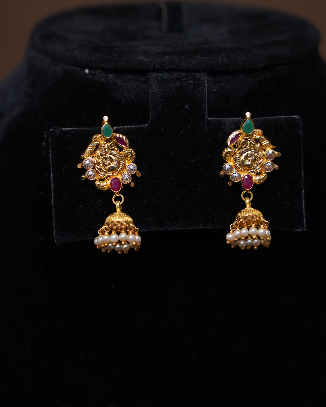 Traditional Gold Jhumka Earrings with Ruby, Emerald & Pearl Detailing