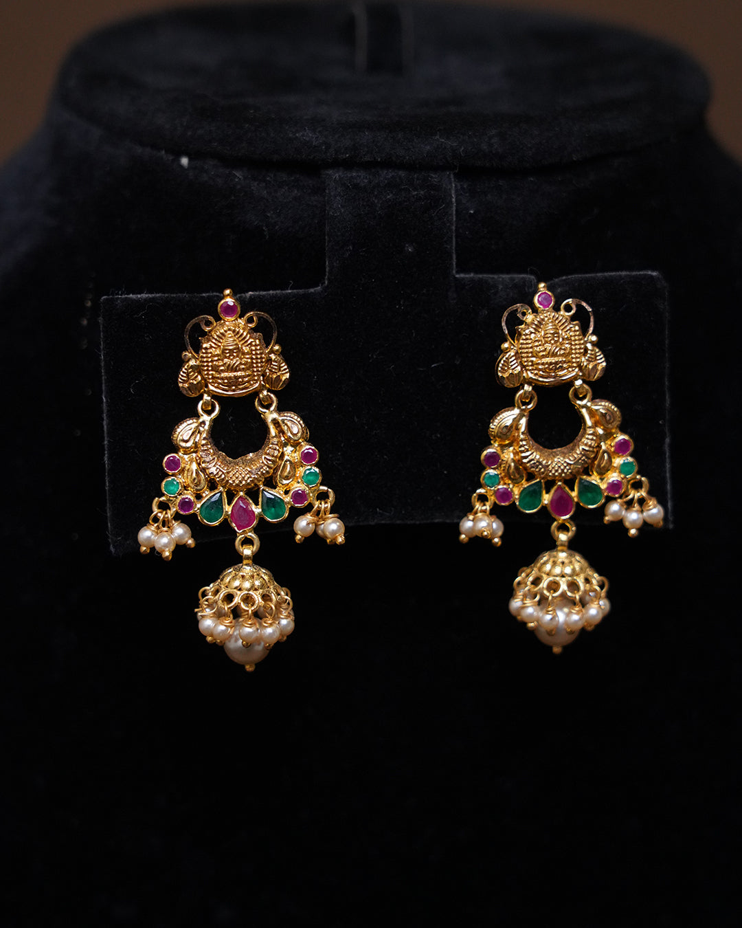 Temple Design Gold Jhumka Earrings with Ruby, Emerald & Pearl Drops