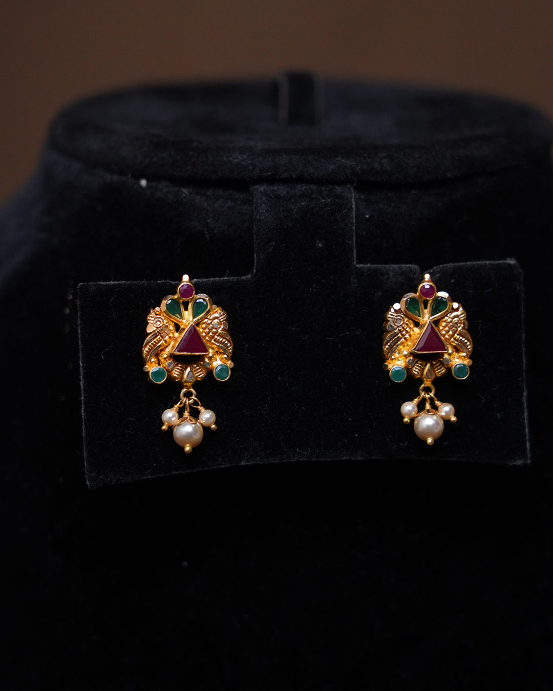 Temple Style Gold Stud Earrings with Ruby, Emerald & Pearl Drops