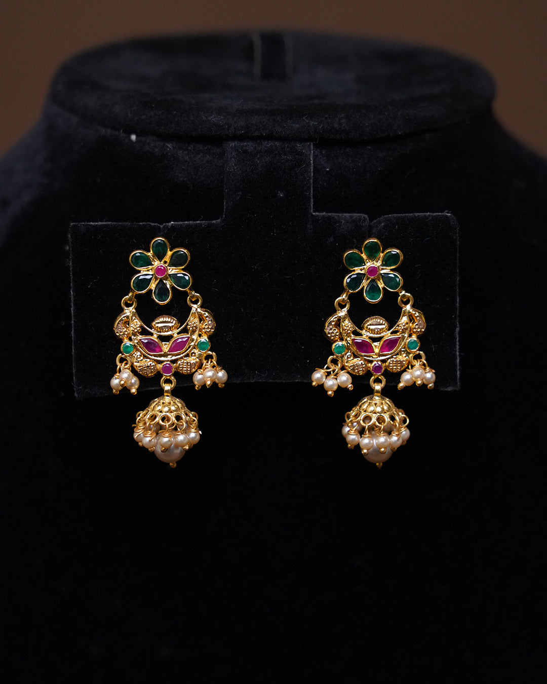 Elegant Floral Gold Jhumka Earrings with Ruby & Emerald Stones