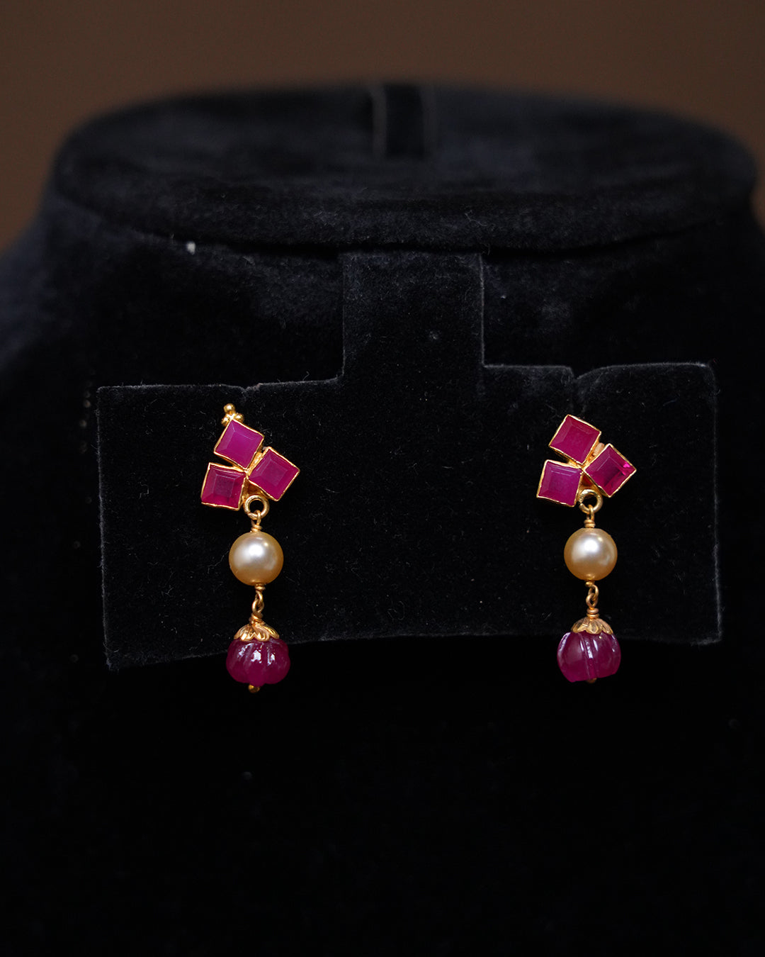 Minimal Ruby Stone Drop Earrings with Pearl Accent