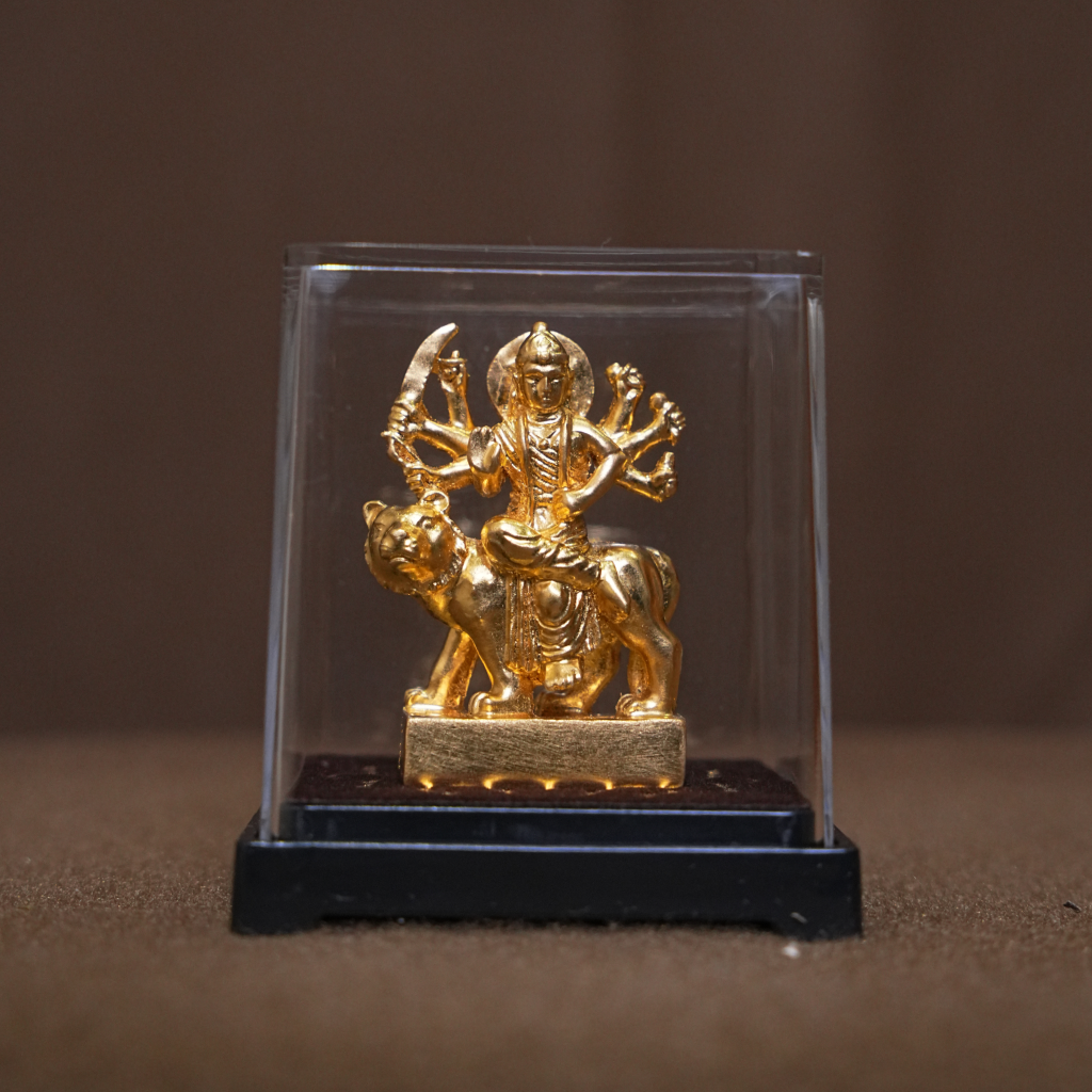 Durga Mata Gold-Plated Idol on Lion – Protective Goddess Statue (2 Inch)