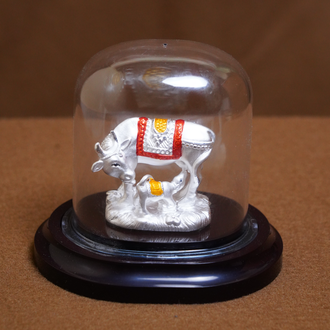 Kamadhenu Cow & Calf Idol in Glass Dome (3 Inch)