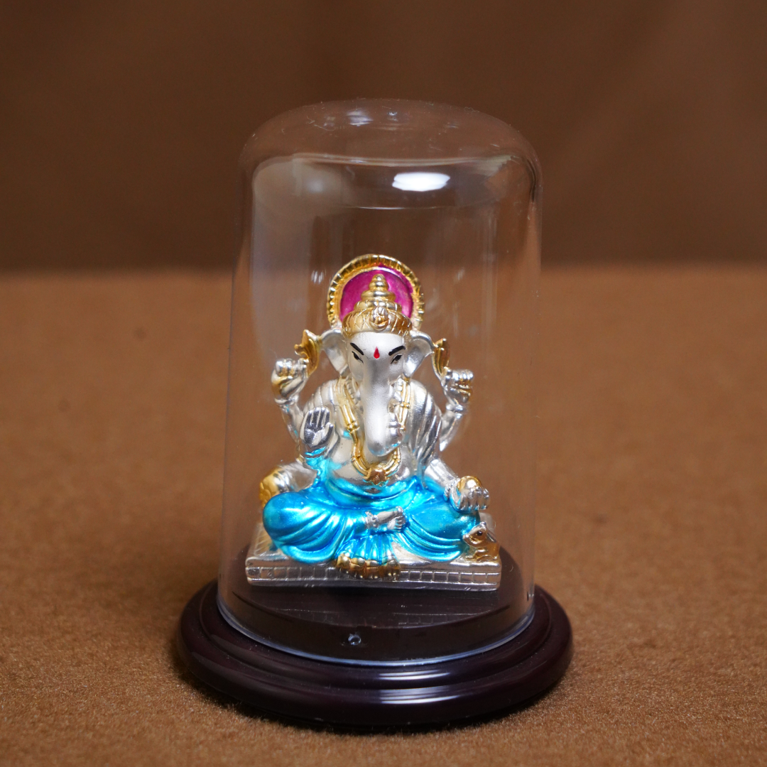 Lord Ganesha Idol with Blue Finish in Glass Dome (3 Inch)