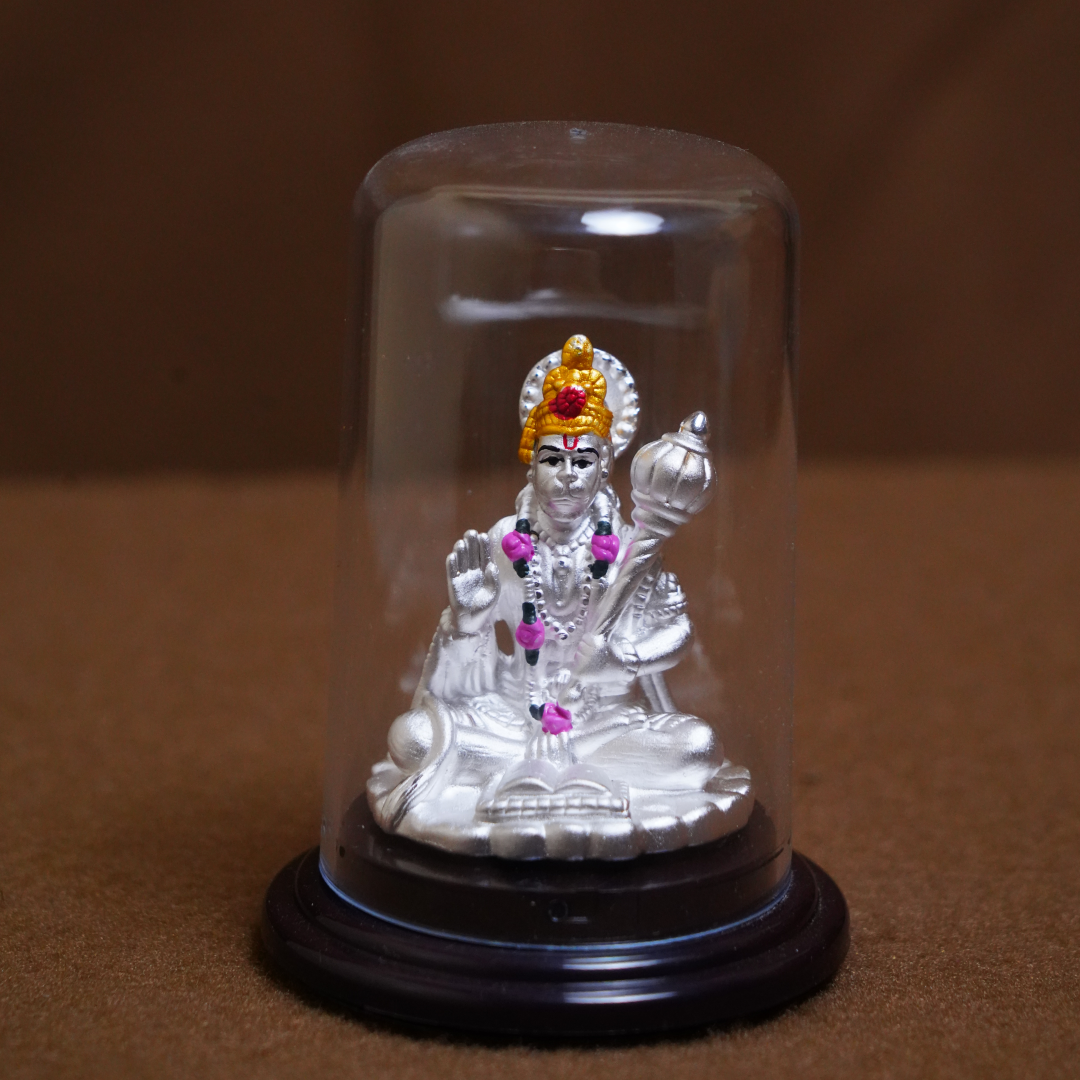 Silver Hanuman Idol in Protective Dome – Spiritual Statue (3 Inch)