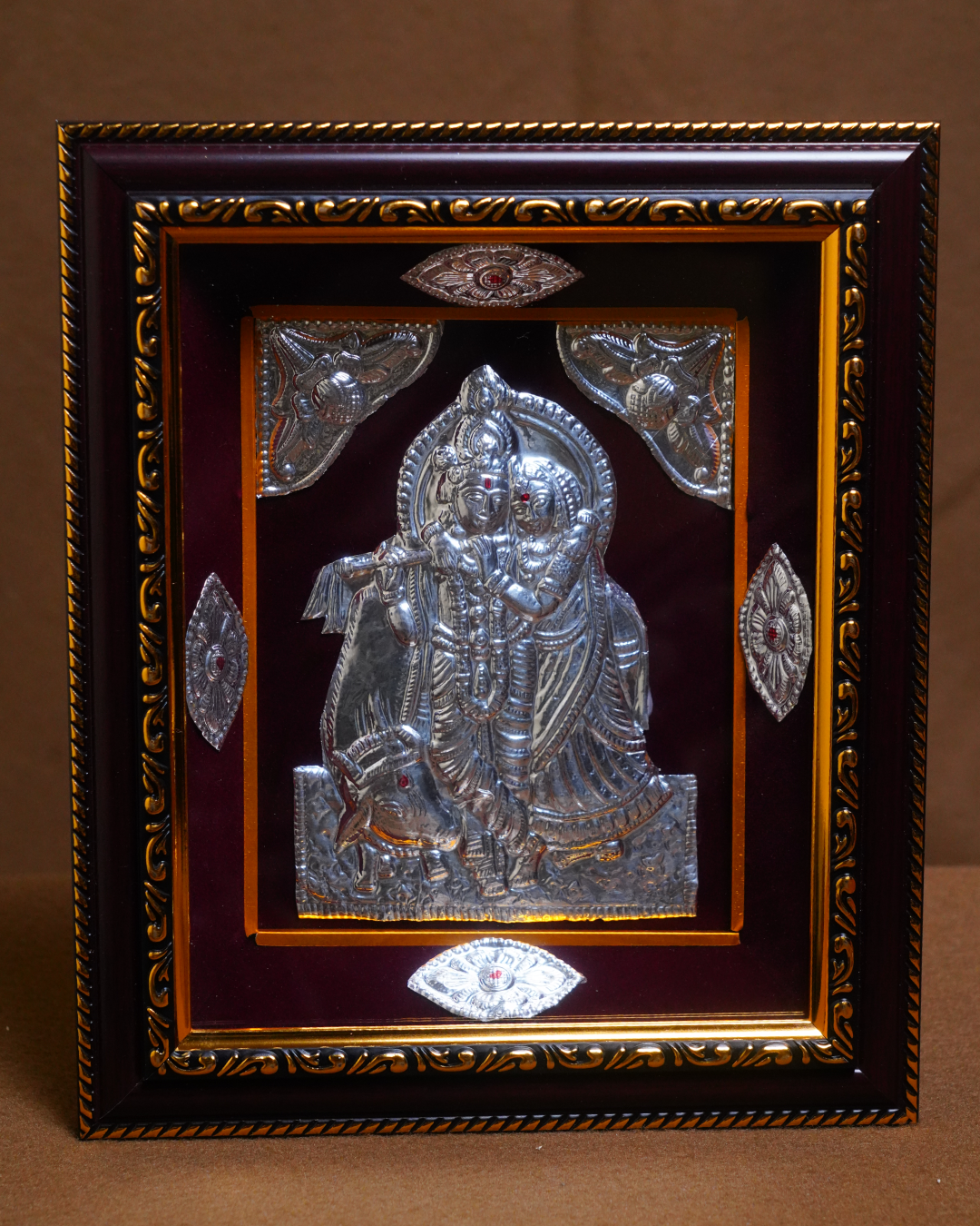 Radha Krishna Silver Plated Frame – Divine Wall Décor with Wooden Border (10 x 8 Inch)