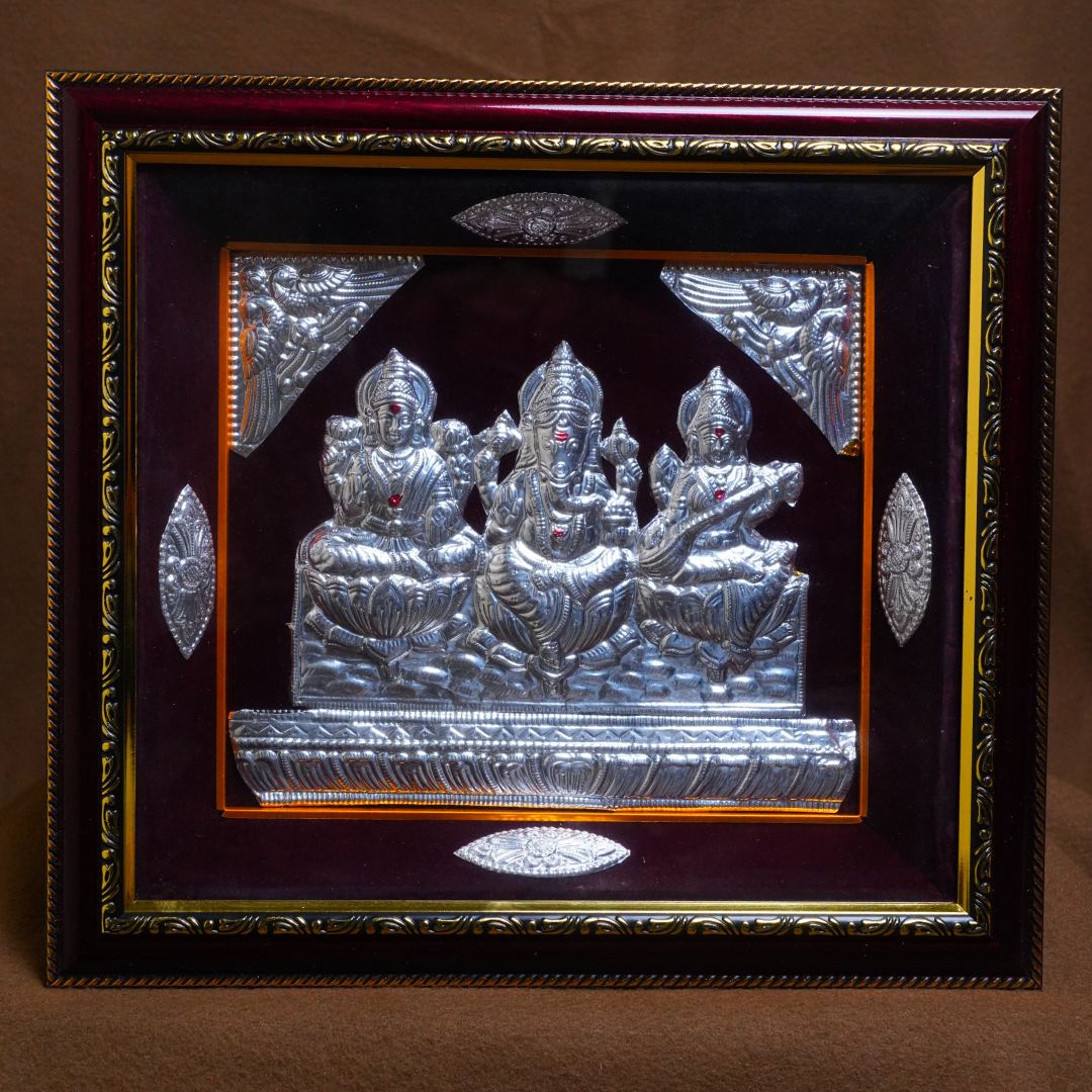 Ganesha Lakshmi Saraswati Silver Plated Frame (11 x 13 Inch)