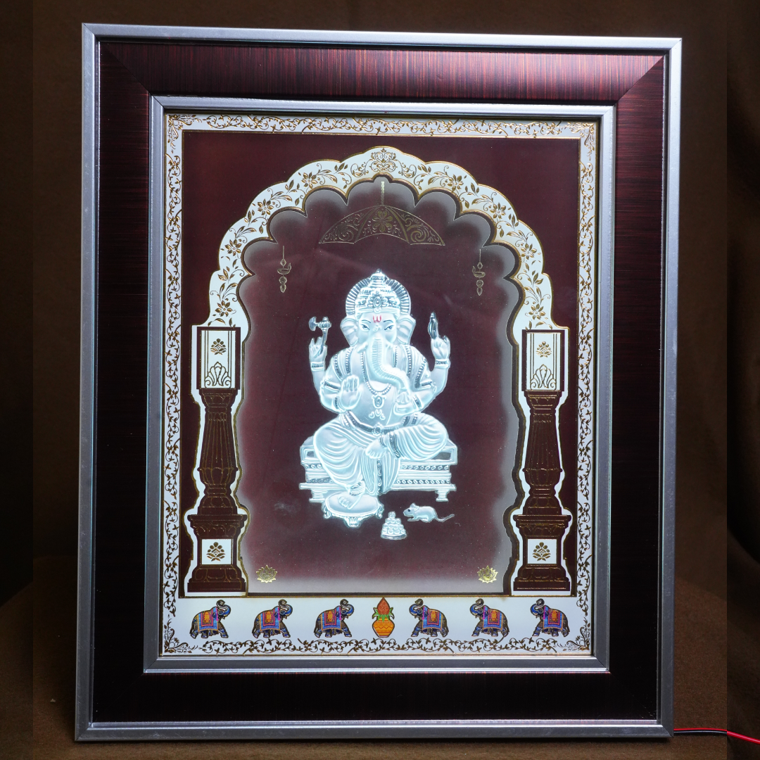 Lord Ganesha Silver Embossed LED Frame (13 x 11 Inch)