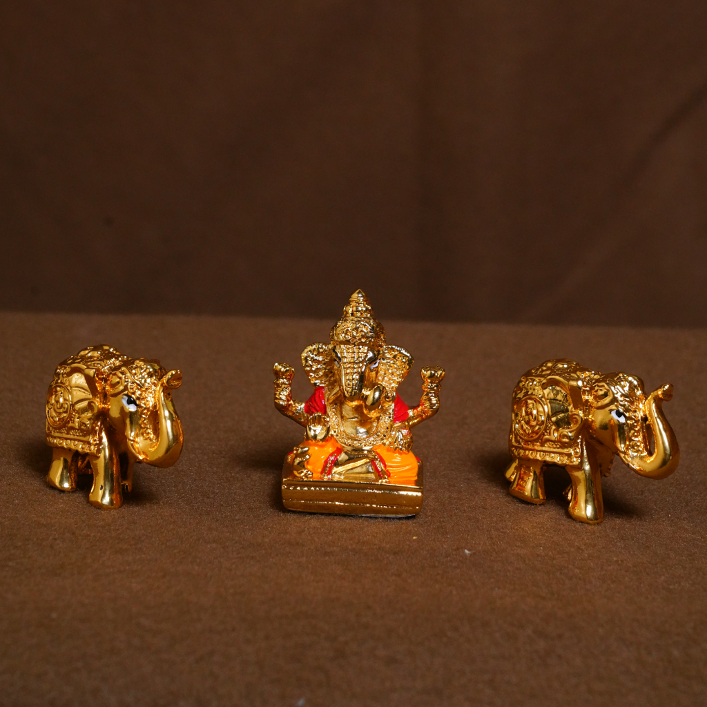 Gold-Plated Lord Ganesha Idol with Elephant Pair (2 Inch)